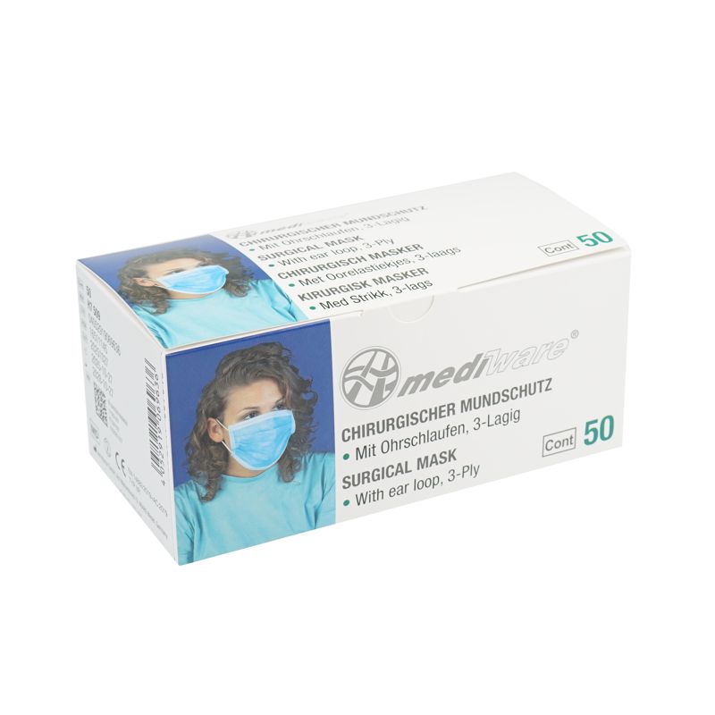 OP-Maske Mundschutz 3-lagig, blau, mit Bändern, Typ IIR (50 Stück)